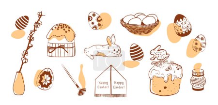 Celebración de Pascua dibujada a mano en colores cálidos. Dibujo dibujado a mano con manchas, vacaciones religiosas de primavera, fondo. Krashanky, pysanky, kulichi, conejo, sauce. Ilustración vector Pascua.