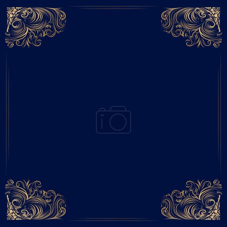 Illustration for Vintage gold pattern at the corners on blue canvas. Swirls on the corners. Vector pattern. Gold frame, outline. Background for gold text. - Royalty Free Image