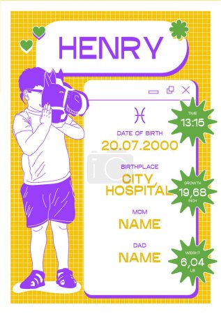 Metric for a newborn baby boy in 2yk style. A4 printable diploma to commemorate the birth of a child. Capture the moment. Preserve the memories. Weight, height of the baby.