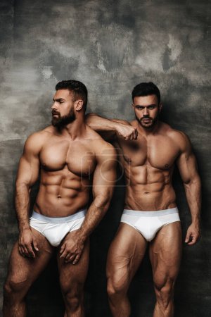 Téléchargez les photos : Deux hommes musclés portant des sous-vêtements blancs et posant en studio. Deux bodybuilders sexy debout près du mur. Deux beaux mecs de fitness. - en image libre de droit