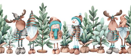 Téléchargez les photos : Bordure horizontale sans couture avec des humeurs drôles, bonhommes de neige, gnomes et arbres de Noël. Illustration aquarelle sur fond blanc. - en image libre de droit