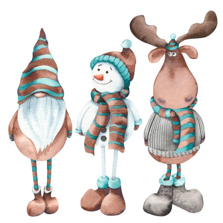 Téléchargez les photos : Dessin animé de Noël élan, gnome et bonhomme de neige. Illustration aquarelle isolée sur fond blanc. - en image libre de droit