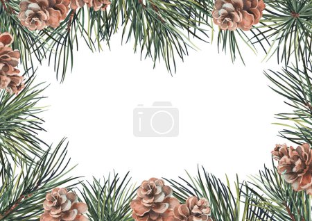 Photo for Green forest frame with pine branches and cones. Watercolor illustration on white background. - Royalty Free Image