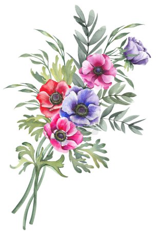 Téléchargez les photos : Fleurs d'anémone colorées et arrangement de branches vertes. Illustration isolée sur fond blanc. - en image libre de droit