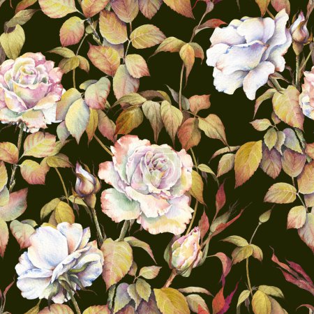 Seamless pattern with white rose flowers on dark background. Watercolor print for fabric, paper, wallpaper etc.