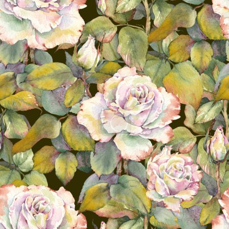 Seamless pattern with vintage white rose flowers. Watercolor botanical painting.