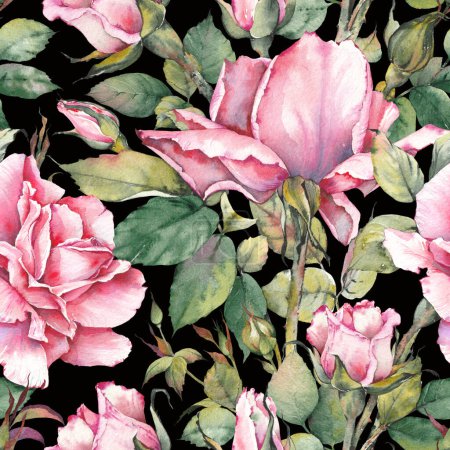 Patrón sin costuras con flores rosadas. Ilustración botánica en acuarela sobre fondo negro.