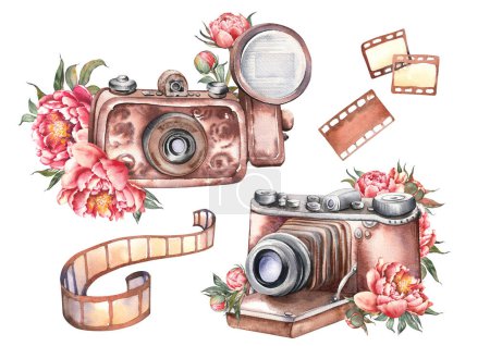 Set of retro cameras with pink peony flowers. Isolated watercolor clip art. Vintage hand painted illustration.