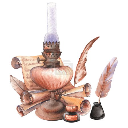 Vintage still life with oil lamp and parchment paper scrolls. Watercolor illustration isolated on white background.