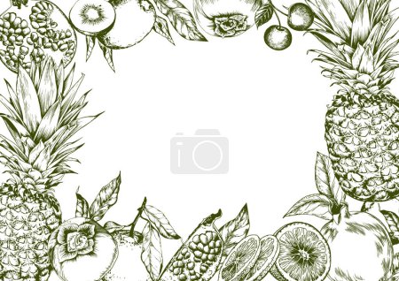 Ilustración de Marco de piñas y frutas dulces. Ilustración lineal vectorial dibujada a mano. - Imagen libre de derechos