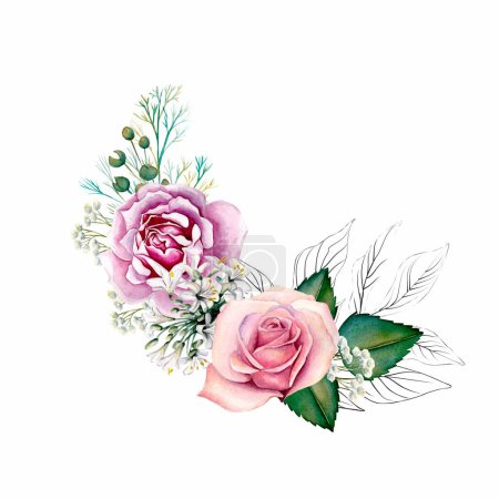 Aquarell Blumenstrauß, Komposition, mit grünen Blättern, rosa Blüten. Für Hochzeitseinladungen, Tapeten, Mode. Rose, Magnolie, grüne Blätter, Agapanthus. Illustrationen auf weißem Hintergrund
