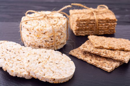 Crispbread and rice cakes . Healthy  diet snack , food background . 