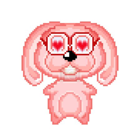 Téléchargez les illustrations : Lapin rose pixel. Icône pixel. Dessin animé beau lapin avec des lunettes. Lapin amoureux. - en licence libre de droit
