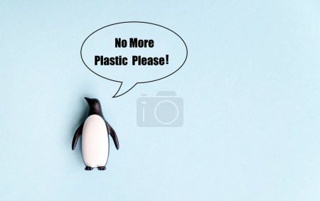Penguin with speech bubble message . No more plastic please