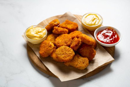 Foto de Primer plano de pepitas crujientes en comida rápida de madera y tres salsas - Imagen libre de derechos