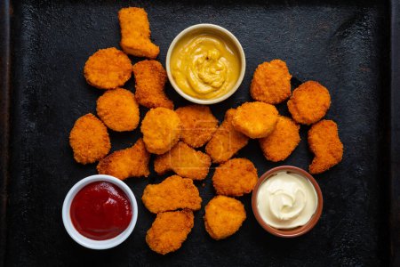 Photo for Top view of chicken nuggets on dark surface with sauce dip fastfood - Royalty Free Image