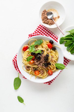 Photo for Tuna pasta spaghetti with cherry tomatoes food top view - Royalty Free Image