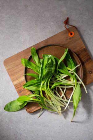 Photo for Spring organic food wild ramson leek on plate top view - Royalty Free Image