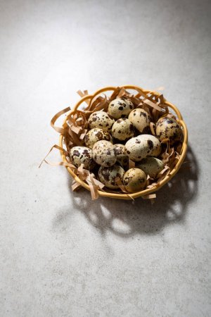 Photo for Food background  quial eggs top view on concrete surface - Royalty Free Image