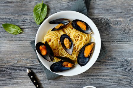 Photo for Pasta with seafood from above food - Royalty Free Image