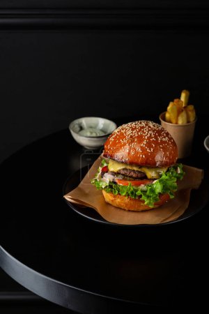 Photo for Close up of hamburger with french fries junk food - Royalty Free Image