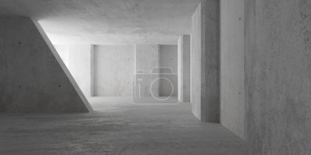 Photo for Abstract large, empty, modern concrete room, indirect light from behind sloped wall on the left, pillars on the walls and rough floor - industrial interior background template, 3D illustration - Royalty Free Image