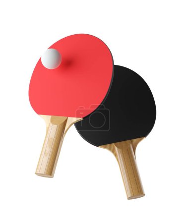 Foto de Pareja de dos paletas o raquetas de ping pong o ping pong con pelota de ping pong flotante aislada sobre fondo blanco, ilustración 3D - Imagen libre de derechos