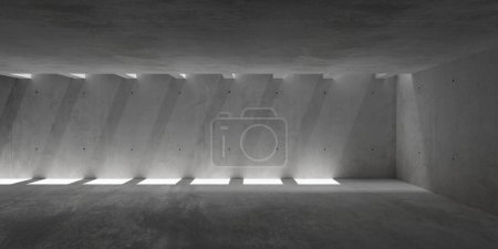 Téléchargez les photos : Abstrait vide, salle en béton moderne avec grille ombre de l'ouverture à l'arrière et le sol rugueux - modèle de fond intérieur industriel, illustration 3D - en image libre de droit