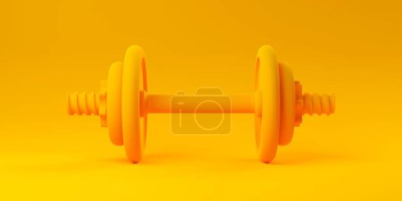 Foto de Mancuerna de gimnasio de fitness amarillo simple con vista frontal de placas sobre fondo amarillo, ejercicio muscular mínimo moderno, culturismo o concepto de fitness, ilustración 3D - Imagen libre de derechos