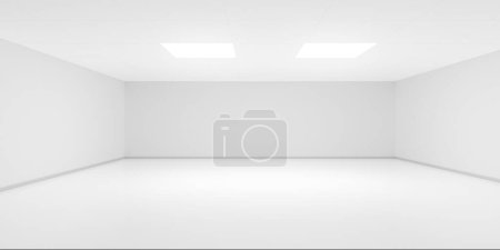 Téléchargez les photos : Chambre intérieure blanche vide avec deux plafonniers encastrés et murs vierges, architecture moderne ou fond de modèle de présentation de produit, illustration 3D - en image libre de droit