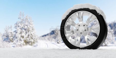 Photo for Single tire covered with snow on winter landscape background, winter tire concept, copy space, 3D illustration - Royalty Free Image