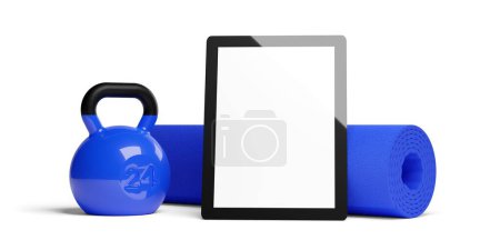 Foto de Kettlebell, yoga o pilates o colchoneta de fitness y tableta sobre fondo blanco con espacio para copiar, video de fitness en línea o plantilla de aplicación, ilustración 3D - Imagen libre de derechos