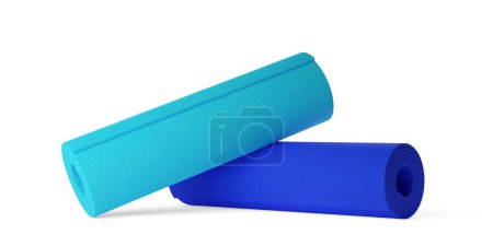 Photo for Two blue and cyan rolled yoga or pilates fitness mats on white background, 3D illustration - Royalty Free Image