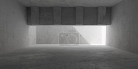Foto de Sala de hormigón grande, vacía y moderna abstracta, luz solar de la apertura del techo, haz divisor de pared horizontal y suelo rugoso plantilla de fondo interior industrial, ilustración 3D - Imagen libre de derechos