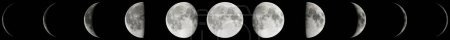 Foto de Large lunar moon phases full cycle panoramic collage isolated on black background, elements of this image are provided by NASA, 3D illustration - Imagen libre de derechos