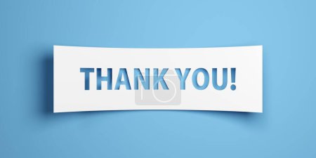 Thank you text on white paper cut out over blue background, gratitude concept, 3D illustration