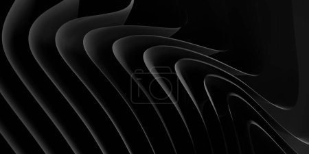 Foto de Close up of modern abstract wave or curve shaped bend black paper background from above, 3D illustration - Imagen libre de derechos