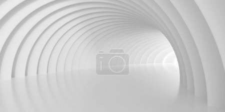 Weißer leerer abstrakter Tunnel- oder Korridorhintergrund, Wände mit vertikalem Kurvenmuster, von hinten beleuchtet, 3D-Illustration