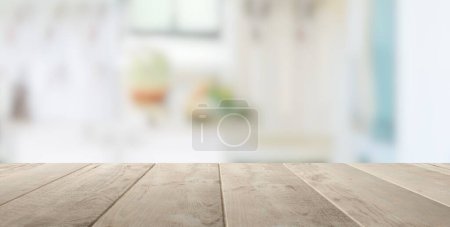 Téléchargez les photos : Plateau de table vide en bois avec lumières hors foyer bokeh rustique lumineux, fond de cuisine ferme blanche, illustration 3D - en image libre de droit