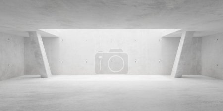 Abstract large, empty, modern concrete room with large ceiling opening in the back, sloped thin pillars left and right and rough floor - industrial interior background template, 3D illustration