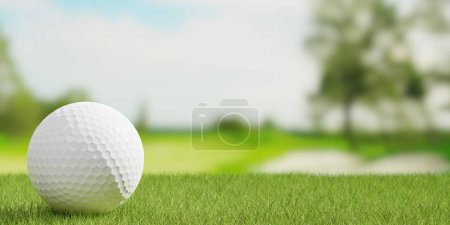 Photo for Golf ball close up on green grass or lawn with golf course fairway blurred background, golf sports or activity concept with copy space, 3D illustration - Royalty Free Image