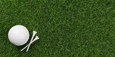 Téléchargez les photos : Balle de golf blanche simple avec deux tee-shirts blancs sur fond d'herbe verte avec espace de copie vue du dessus, illustration 3D - en image libre de droit