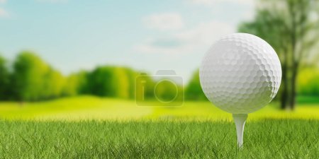 Weißer Golfball auf weißem Golftee aus nächster Nähe mit Golfplatz Fairway mit Baumhintergrund, Golfsport oder Aktivitätskonzept, 3D-Illustration