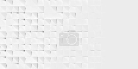 Random rotated white squares background wallpaper banner pattern fade out with copy space, 3D illustration