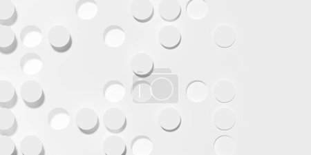 Random inset and outset white circle or cylinder background wallpaper banner pattern fading out with copy space, 3D illustration