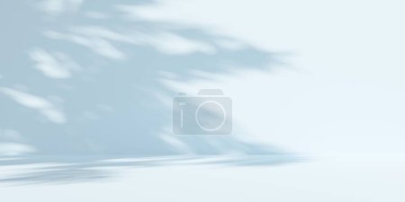 Empty, blank pastel blue room background with soft sunlight tree shadow, product or design placement template, 3D illustration