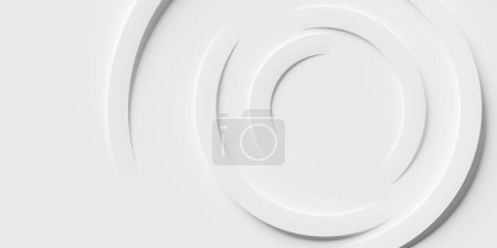 Konzentrische zufällig gedrehte weiße Ringe oder Kreise Hintergrund Tapete Banner flache Lay Draufsicht von oben mit Kopierraum, 3D-Illustration