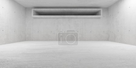 Téléchargez les photos : Grande pièce abstraite, vide et moderne en béton avec large tube rectangulaire en béton ouvert et plancher rugueux - gabarit d'arrière-plan intérieur industriel, illustration 3D - en image libre de droit