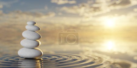 Foto de Montón de guijarros blancos en equilibrio en la superficie de agua ondulada con fondo de atardecer cielo, zen, spa, yoga o concepto de meditación, ilustración 3D - Imagen libre de derechos