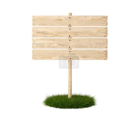 Téléchargez les photos : Quatre panneaux vides et vierges en bois sur l'herbe patch avec de la place pour le texte, panneau en bois modèle isolé sur fond blanc, illustration 3D - en image libre de droit